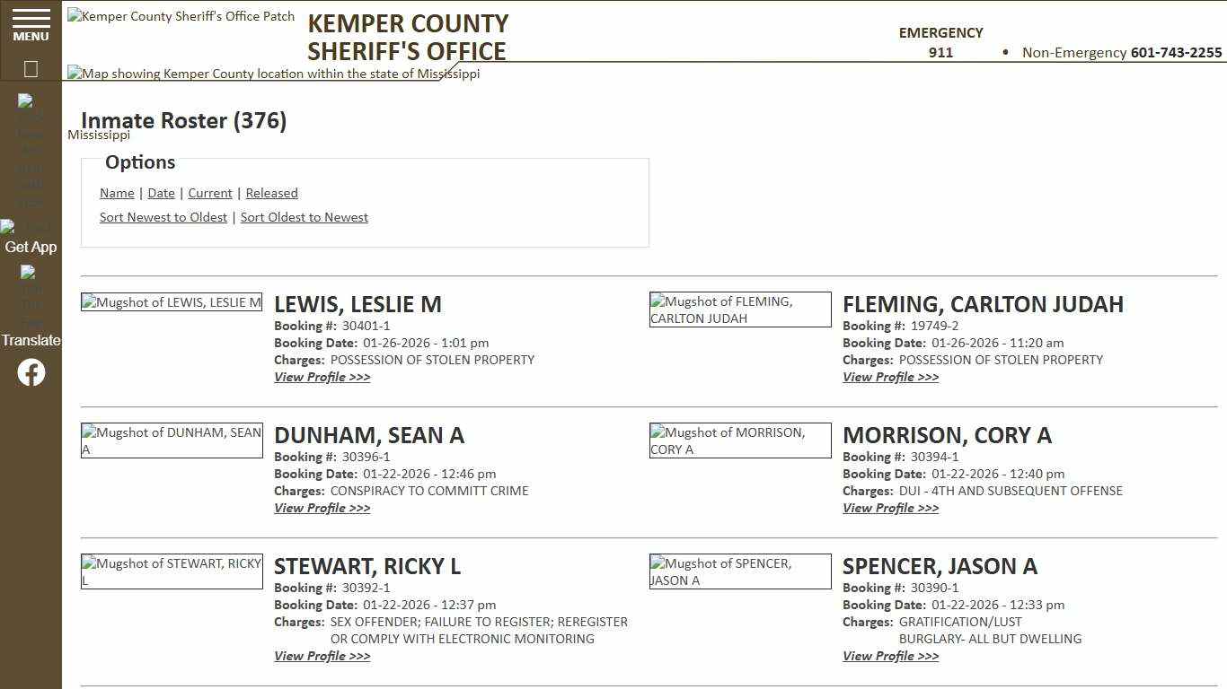 Inmate Roster - Current Inmates Booking Date Descending - Kemper County Sheriff MS